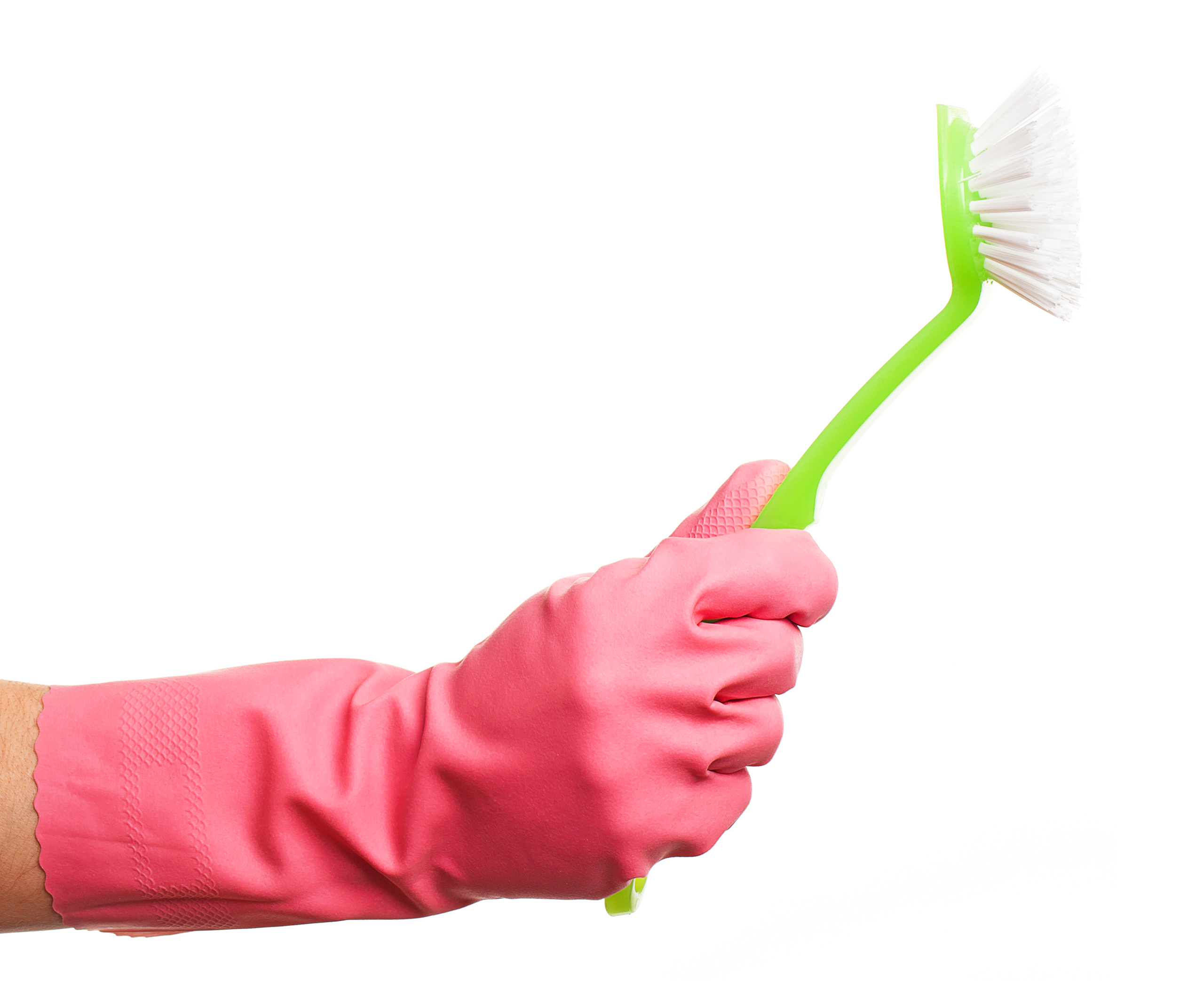 Hand in a pink glove holding brush